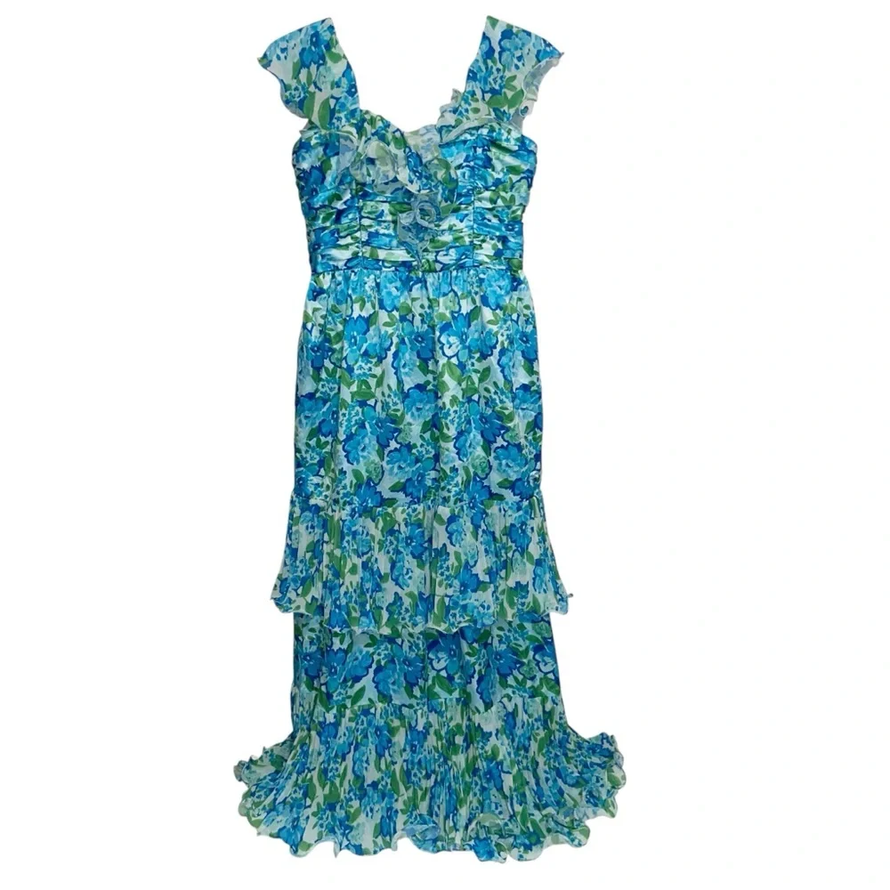 Amur Dress Womens Size 6 Pia Garden Blues Floral Pleated Tiered Midi Cottage - Picture 6 of 16